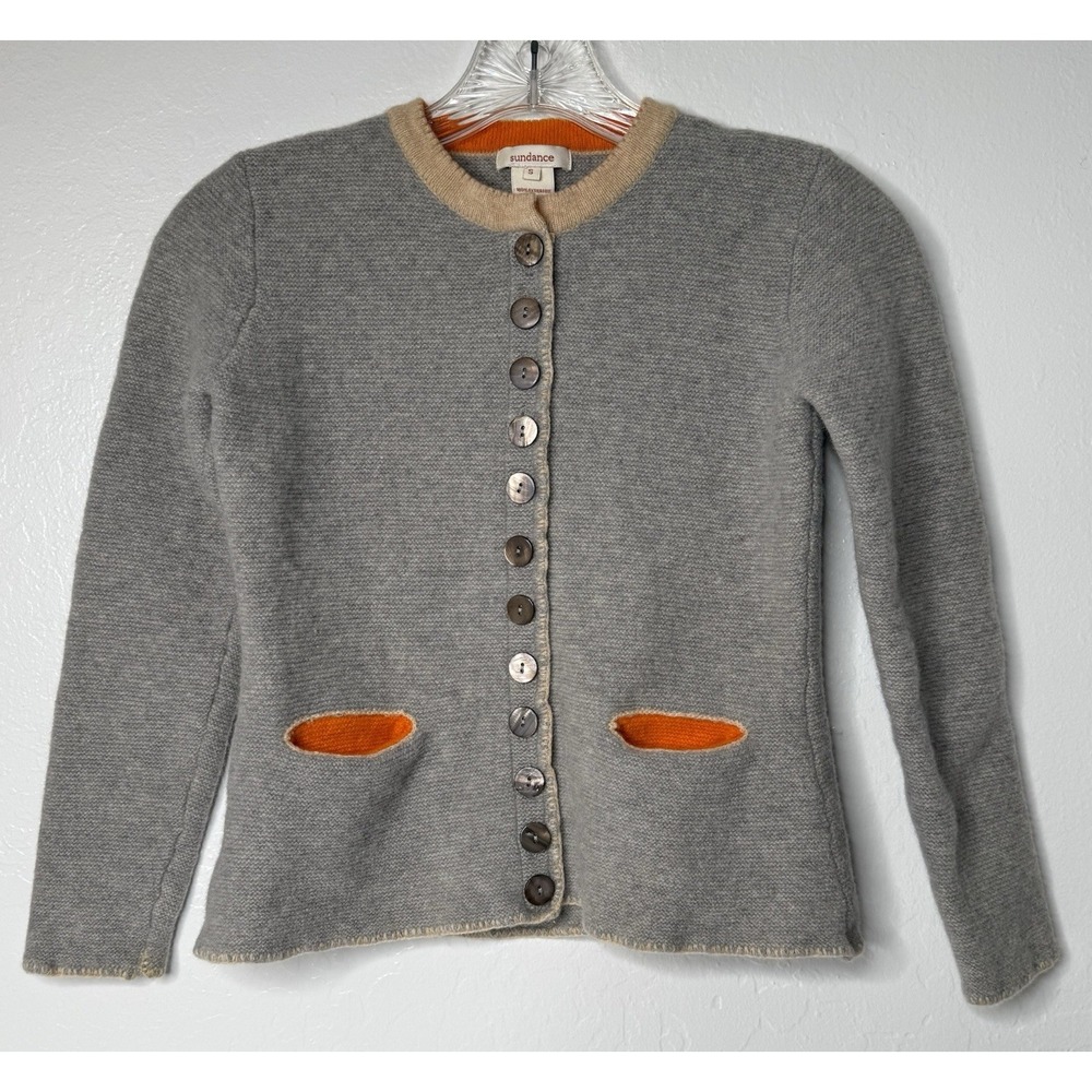 Sundance Womens Extra Fine Merino Wool Cardigan Sz Sm Gray Orange Tracht Boho - Picture 1 of 11